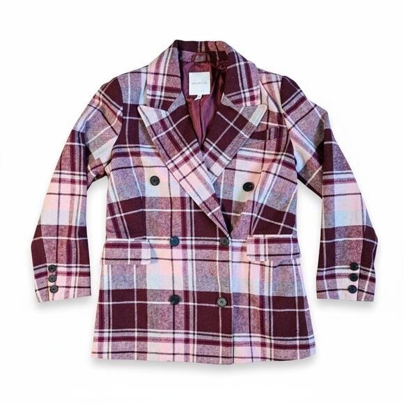 Avec Les Filles Burgundy Plaid Wool Blazer Jacket - Picture 2 of 7